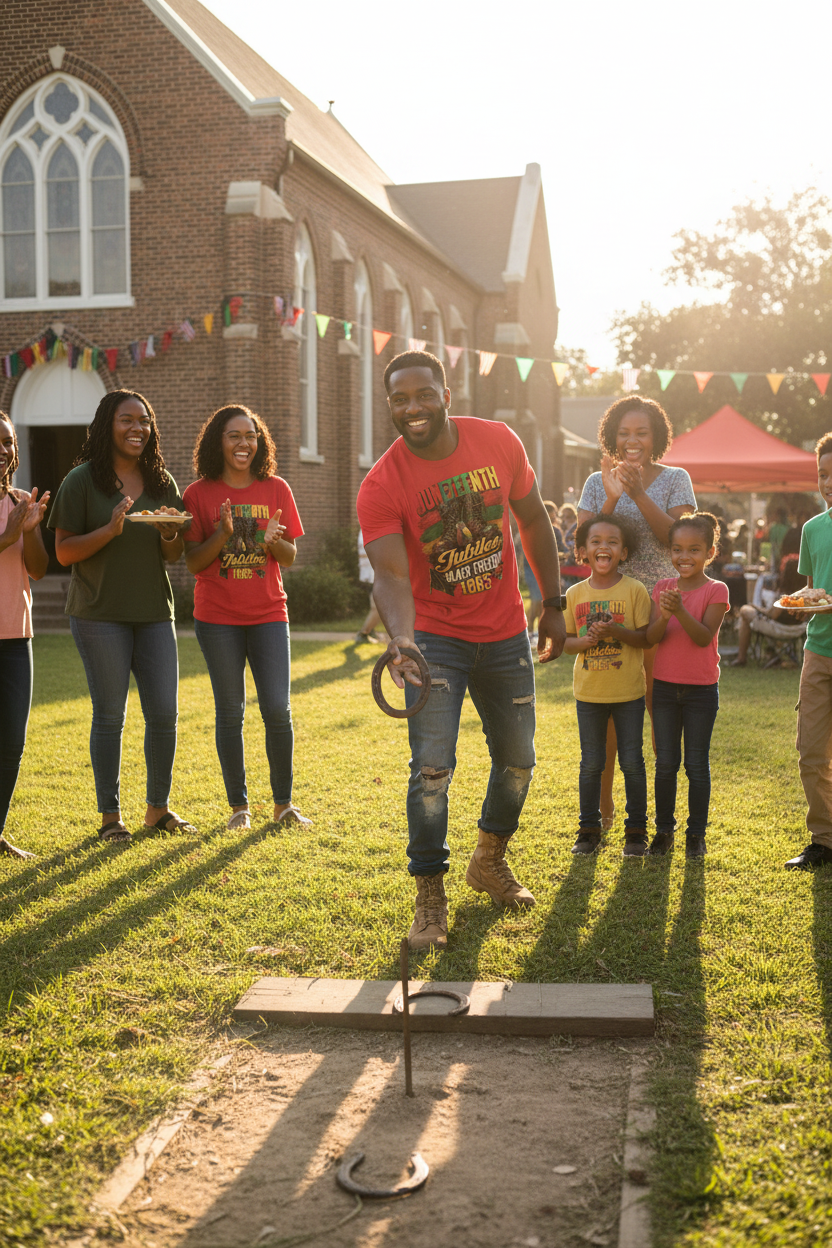 Black military father wearing red Juneteenth Jubilee 1865 t-shirt pitching horseshoes at Galveston Texas church gathering
