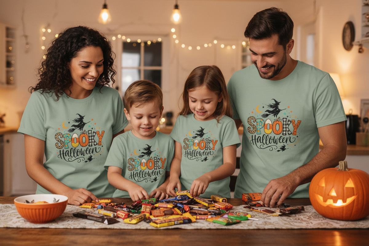 Family wearing Spooky Halloween t-shirts counting candy at home after trick-or-treating
