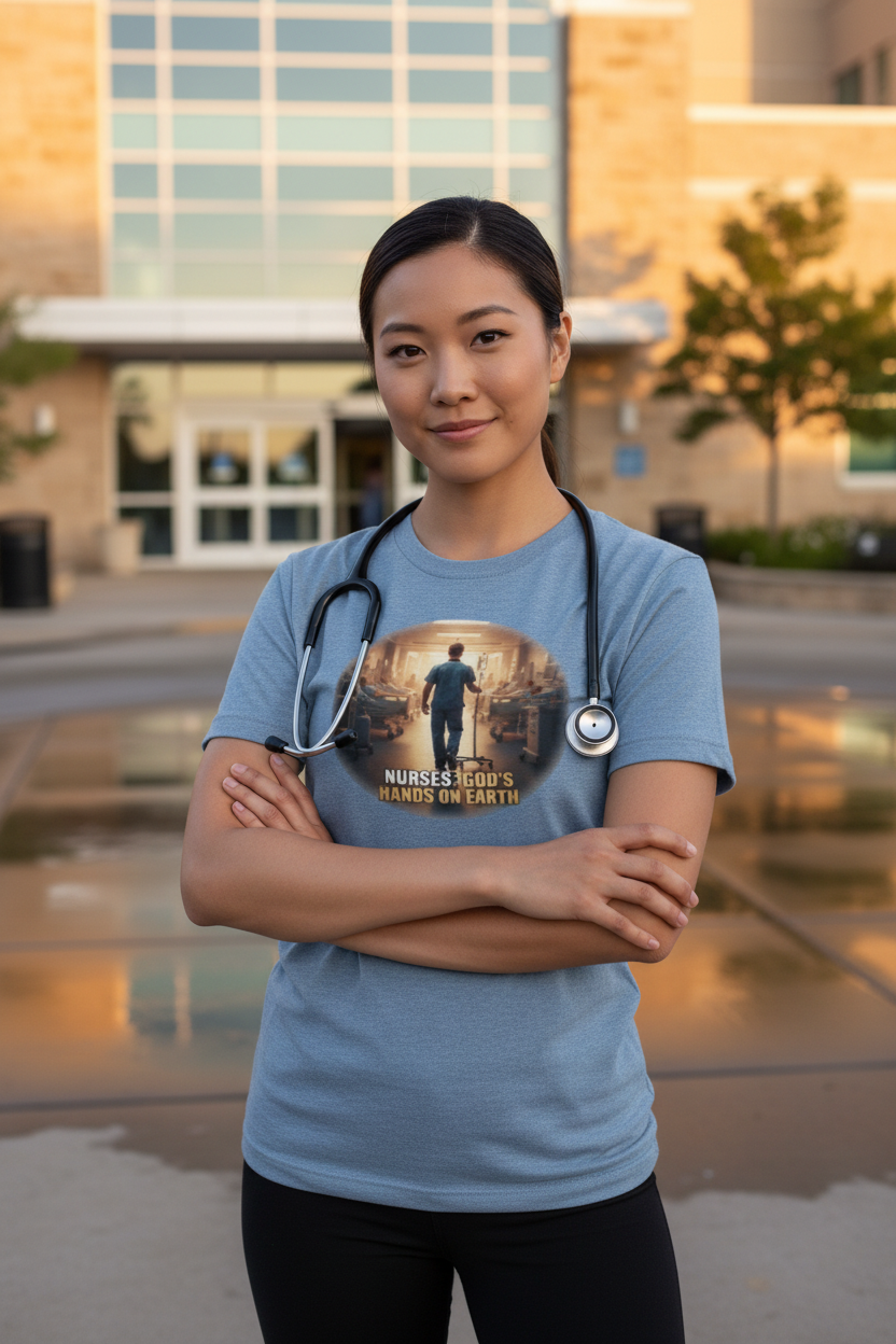 Asian female nurse wearing faith tee outside hospital in golden hour light