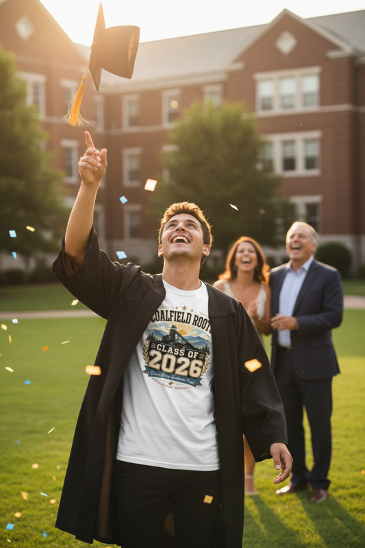 Graduate tossing cap in the air wearing Coalfield Roots Class of 2026 t-shirt with parents cheering in background