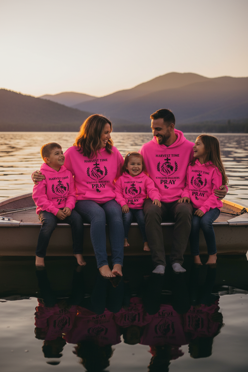 Mom, dad, and children wearing Kingdom Builders PRAY hoodies together on a fishing boat with mountain backdrop