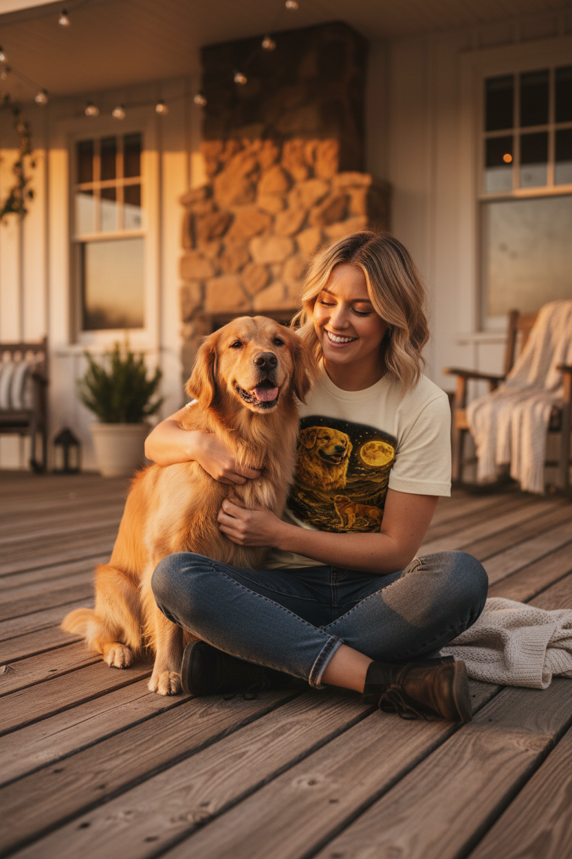 Woman on porch cuddling golden retriever wearing golden retriever moonlit mountain t-shirt