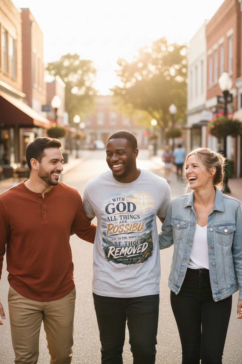 Diverse group of friends walking main street wearing With God All Things Are Possible faith t-shirt