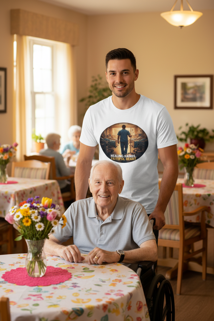 Male nurse wearing faith tee helping elderly man in nursing home dining room