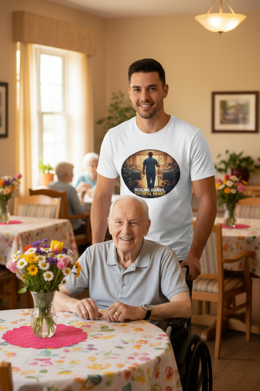 Male nurse wearing faith tee helping elderly man in nursing home dining room