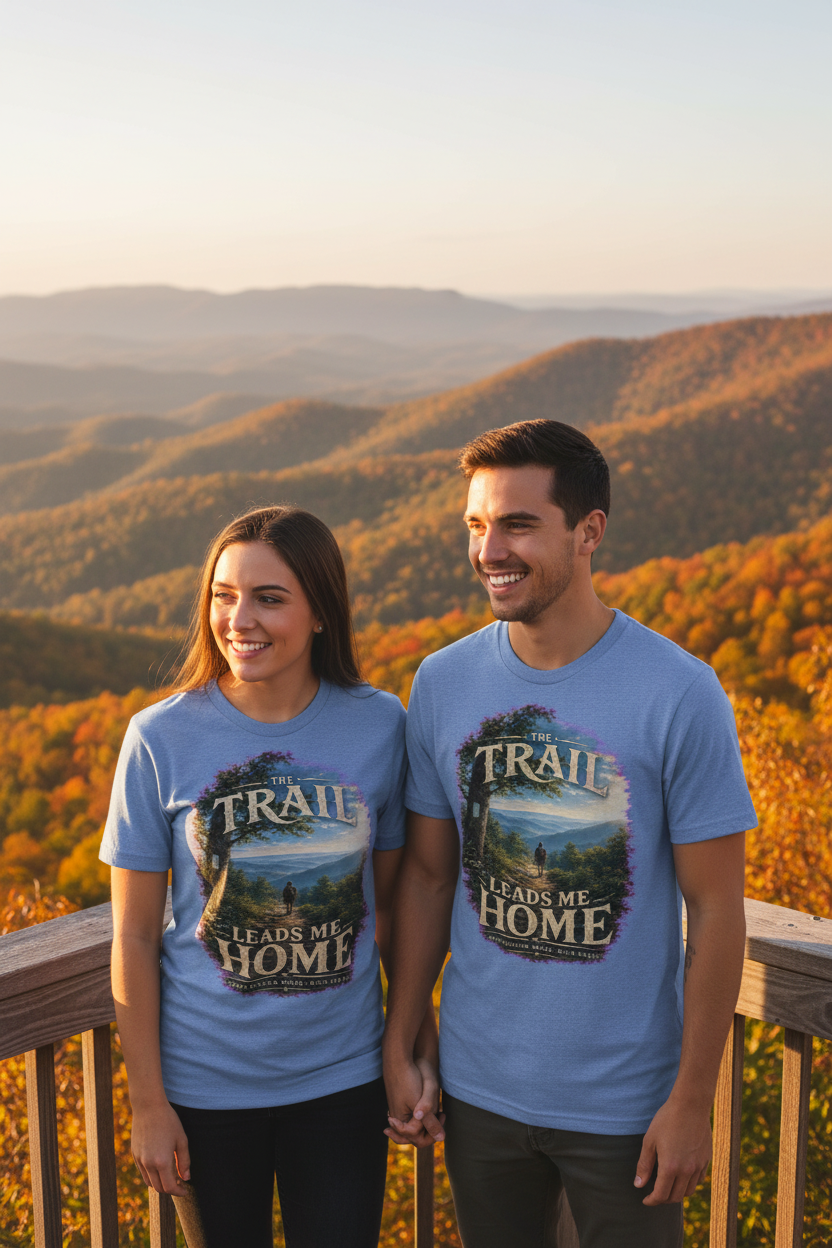Couple wearing matching Trail Leads Me Home WV tees on mountain overlook deck