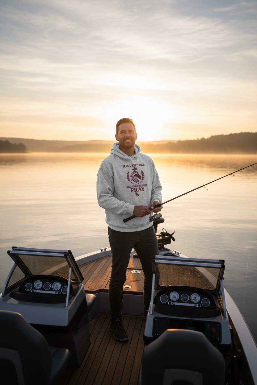Man wearing Harvest Time Kingdom Builders Pray hoodie on a fishing boat at sunrise