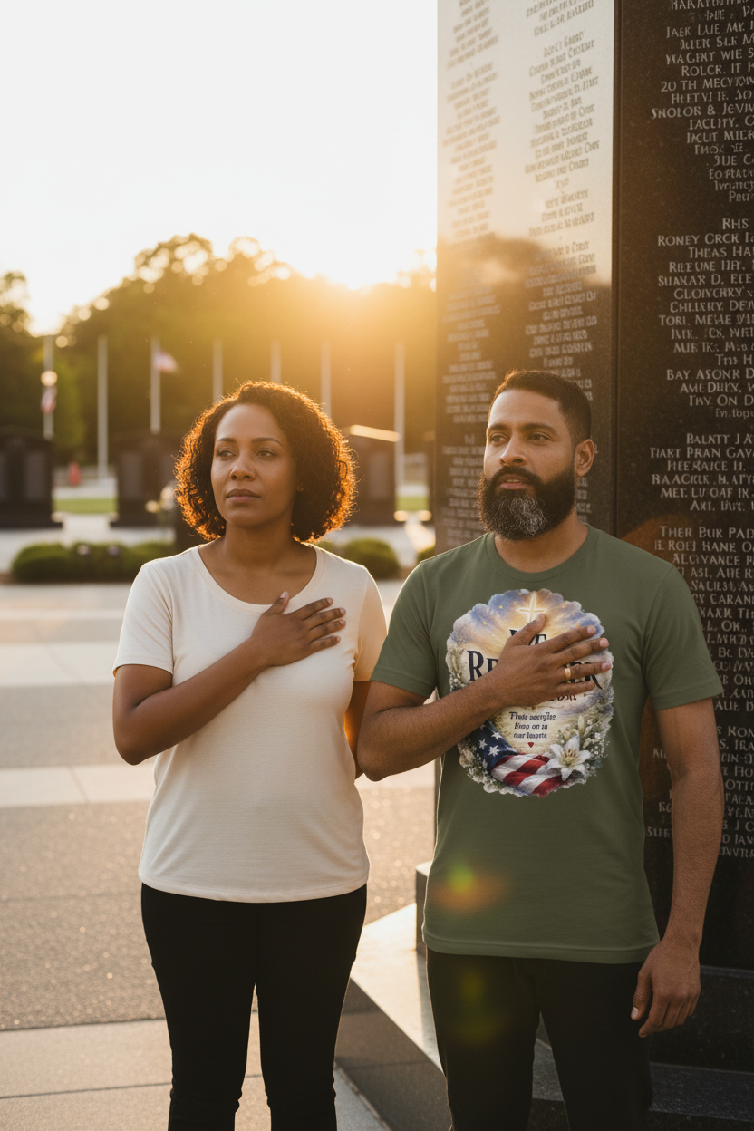 Military couple wearing We Remember Memorial Day t-shirts at veterans memorial wall at golden hour