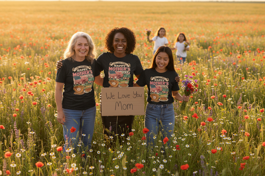 Diverse group of women grandmother mother and daughter wearing Happy Mother's Day t-shirts in golden sunlit wildflower field emotional celebration
