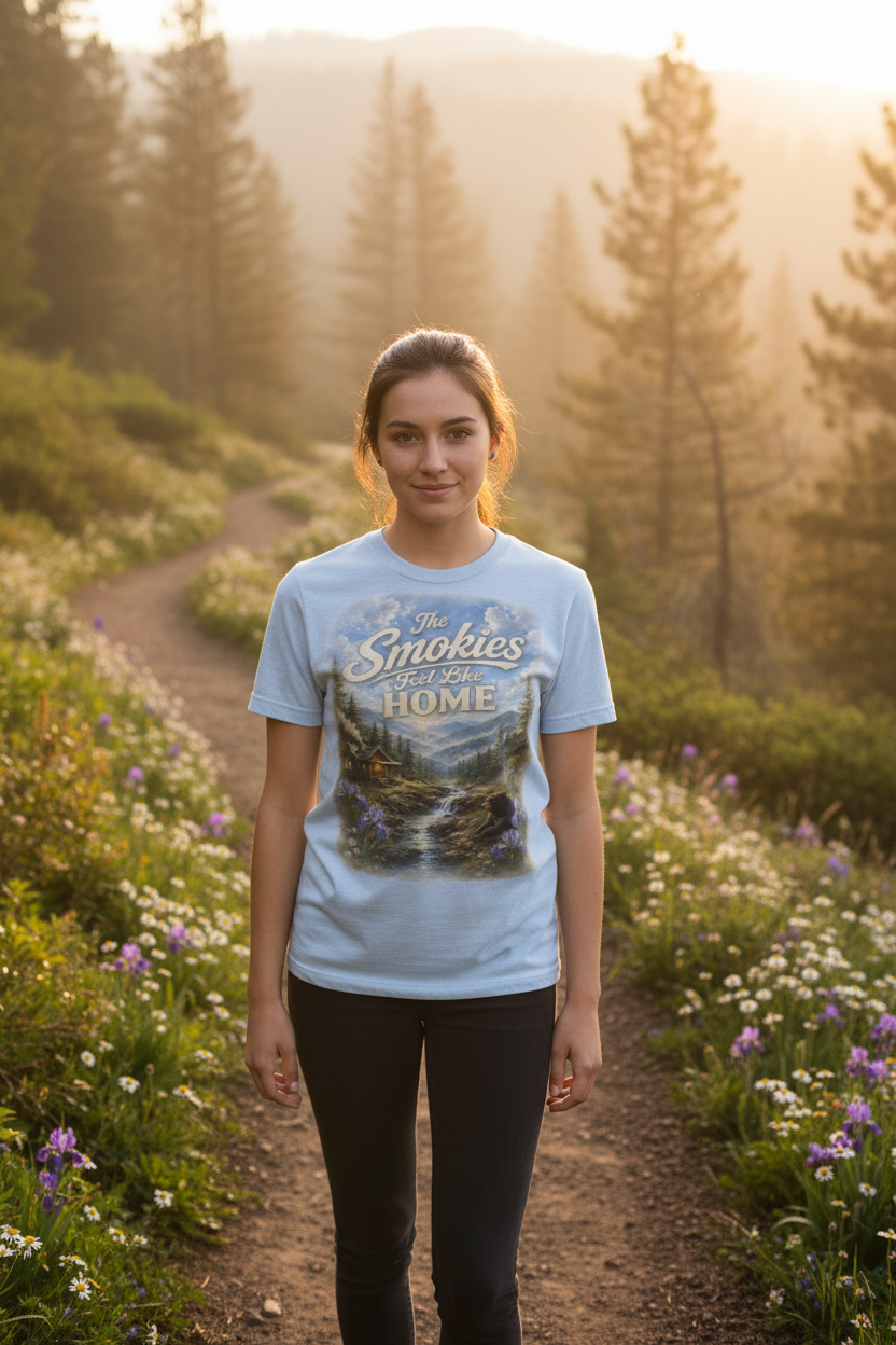 Woman wearing The Smokies Feel Like Home t-shirt on a misty mountain trail