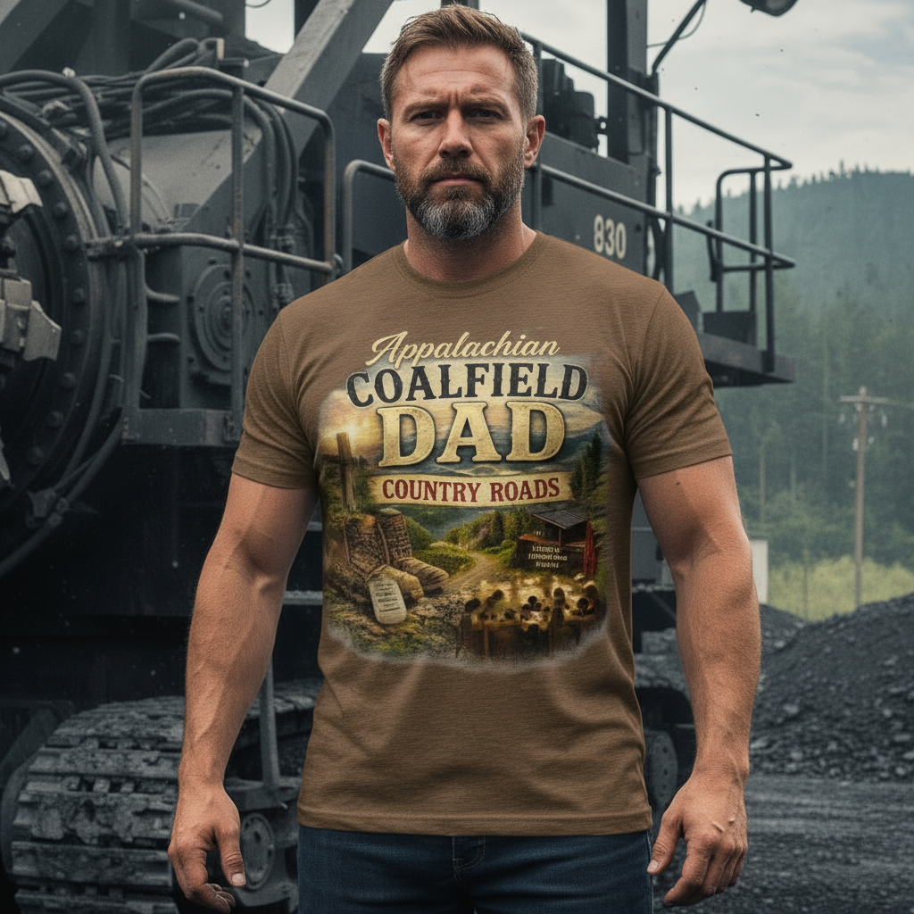Father wearing Appalachian Coalfield Dad t-shirt beside coal mine equipment