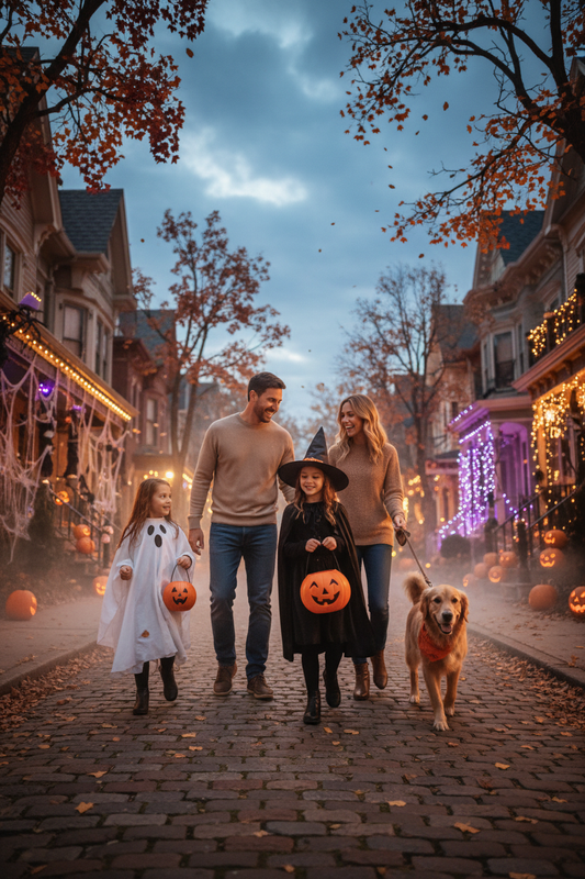 Parents watching daughters trick-or-treat with the family dog along a spooky Halloween neighborhood street