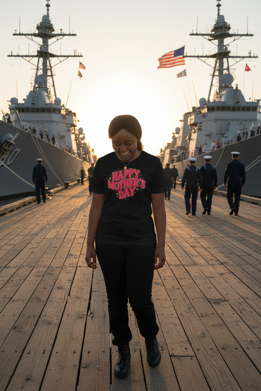 Woman wearing Happy Mother's Day t-shirt at navy shipyard with military ships and sailors in background