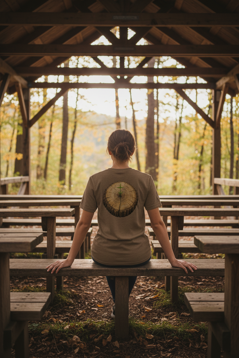 Woman at rustic outdoor chapel wearing faith t-shirt with tree stump and sprout design on back