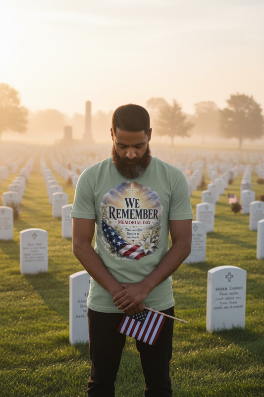 Veteran wearing We Remember Memorial Day t-shirt bowed in prayer at cemetery at sunrise