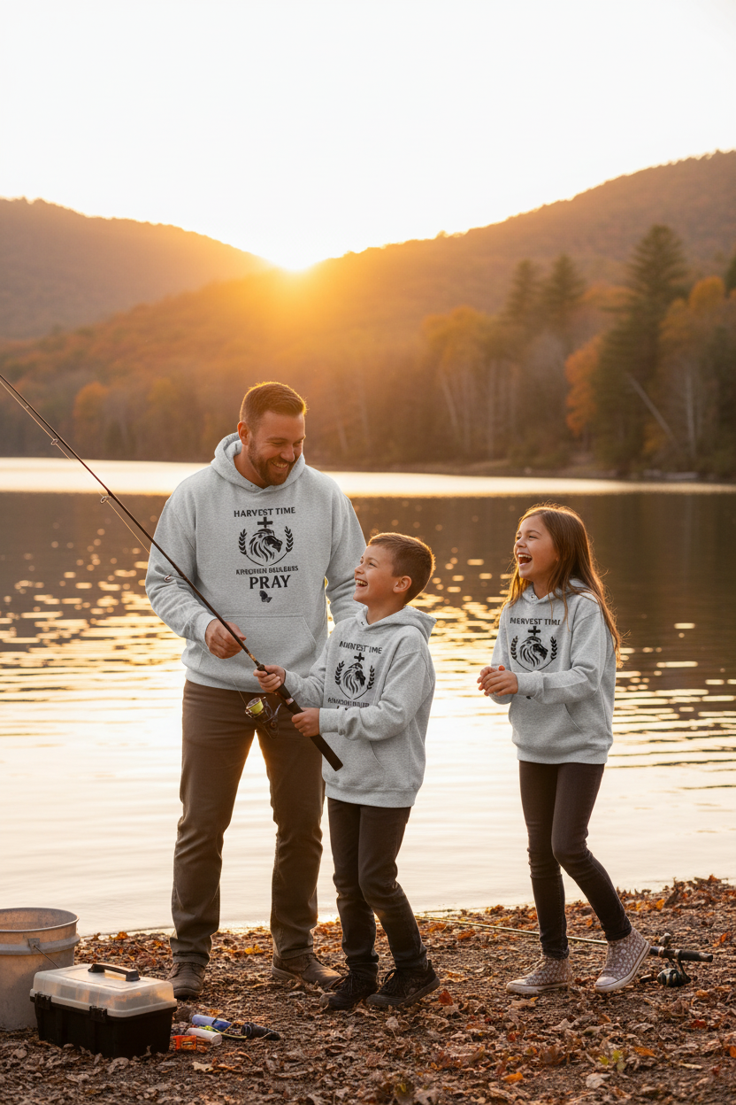 Dad and kids wearing Kingdom Builders PRAY hoodies fishing together on a lake at golden hour