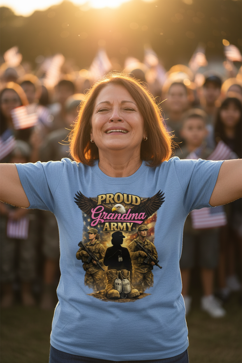Proud mom at military homecoming in Carolina blue Army tee