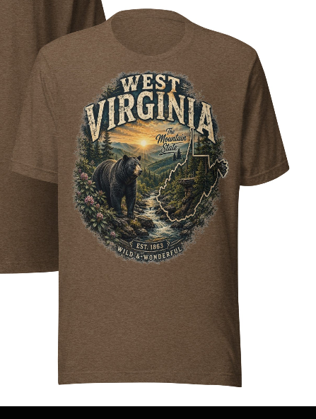 West Virginia Wild & Wonderful heather brown t-shirt - Mountain State bear graphic