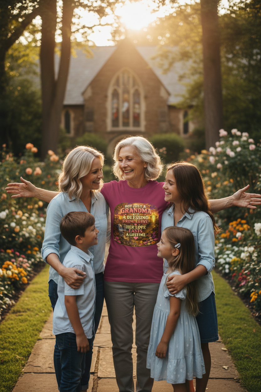 Grandmother wearing maroon faith grandma t-shirt hugging family in church garden