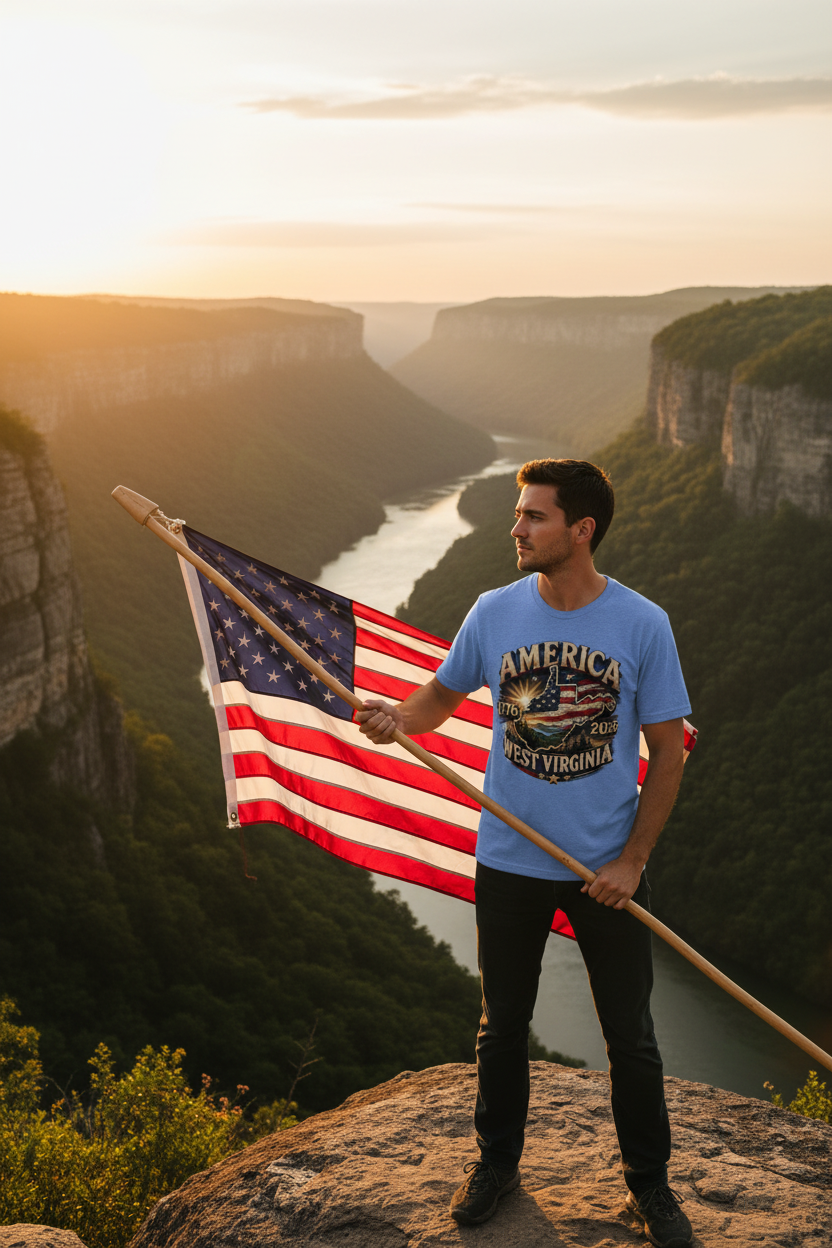 Man at New River Gorge overlook wearing America 1776-2026 West Virginia carolina blue patriotic t-shirt
