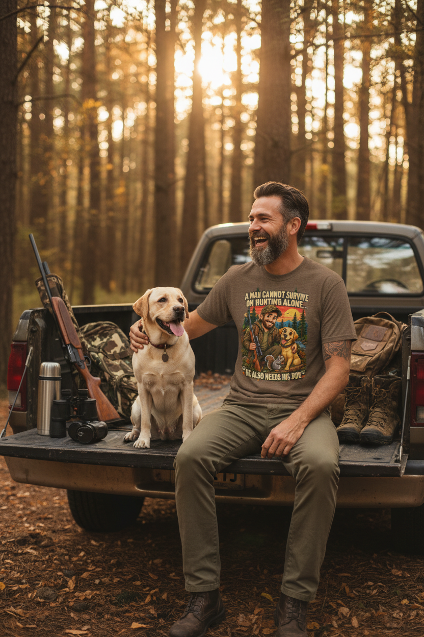 Man wearing hunting dog t-shirt on truck tailgate at golden hour with his lab