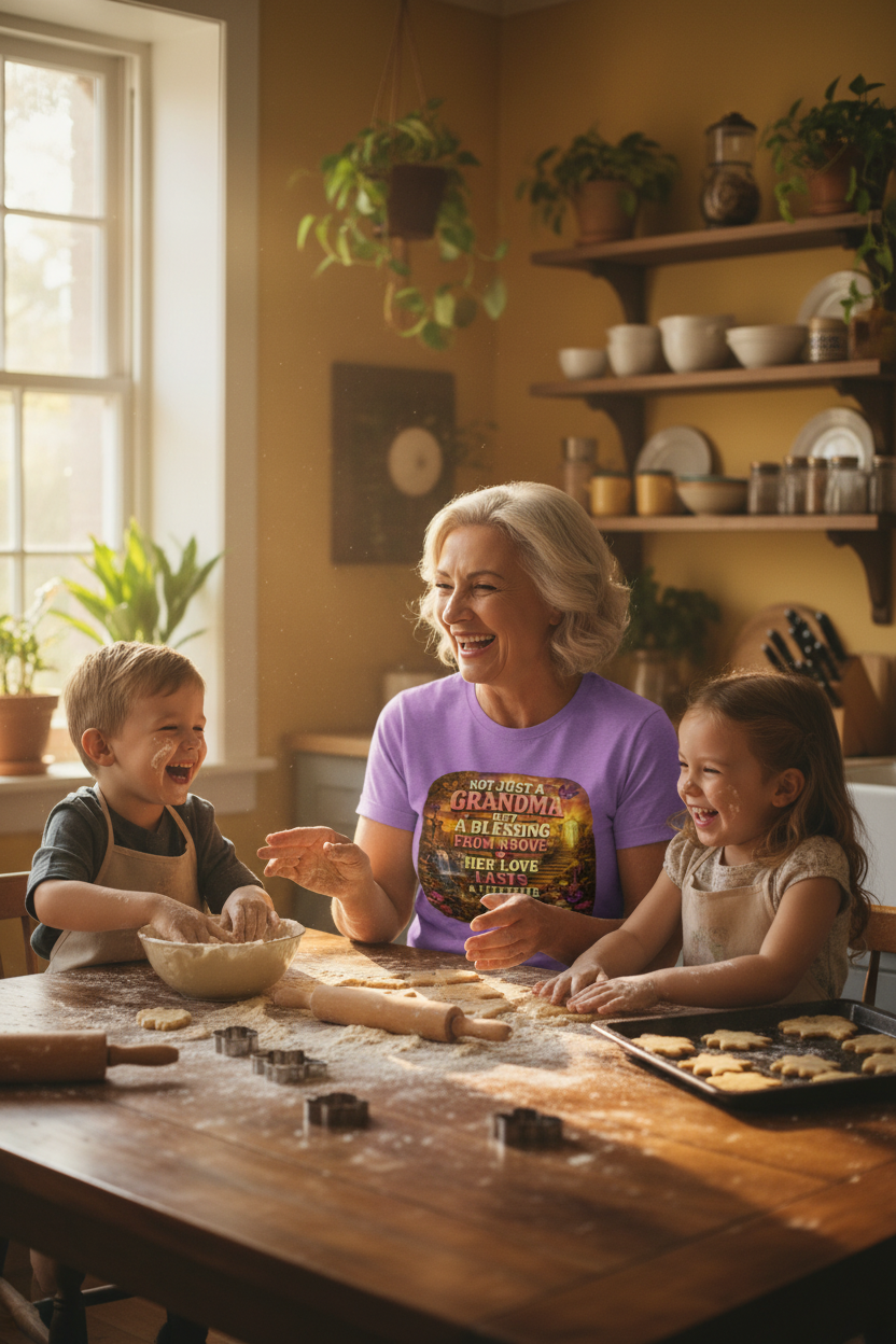 Grandmother wearing heather purple faith grandma t-shirt baking cookies with grandchildren in kitchen