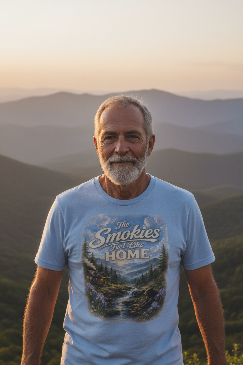 Man wearing The Smokies Feel Like Home t-shirt at a Smoky Mountains sunrise overlook