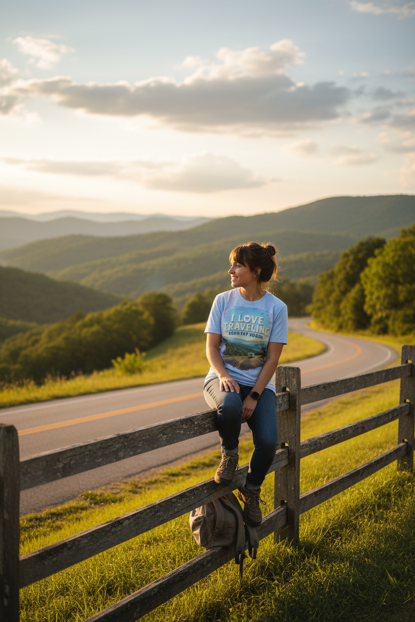 Woman wearing I Love Traveling Country Roads t-shirt sitting on fence along scenic WV country road