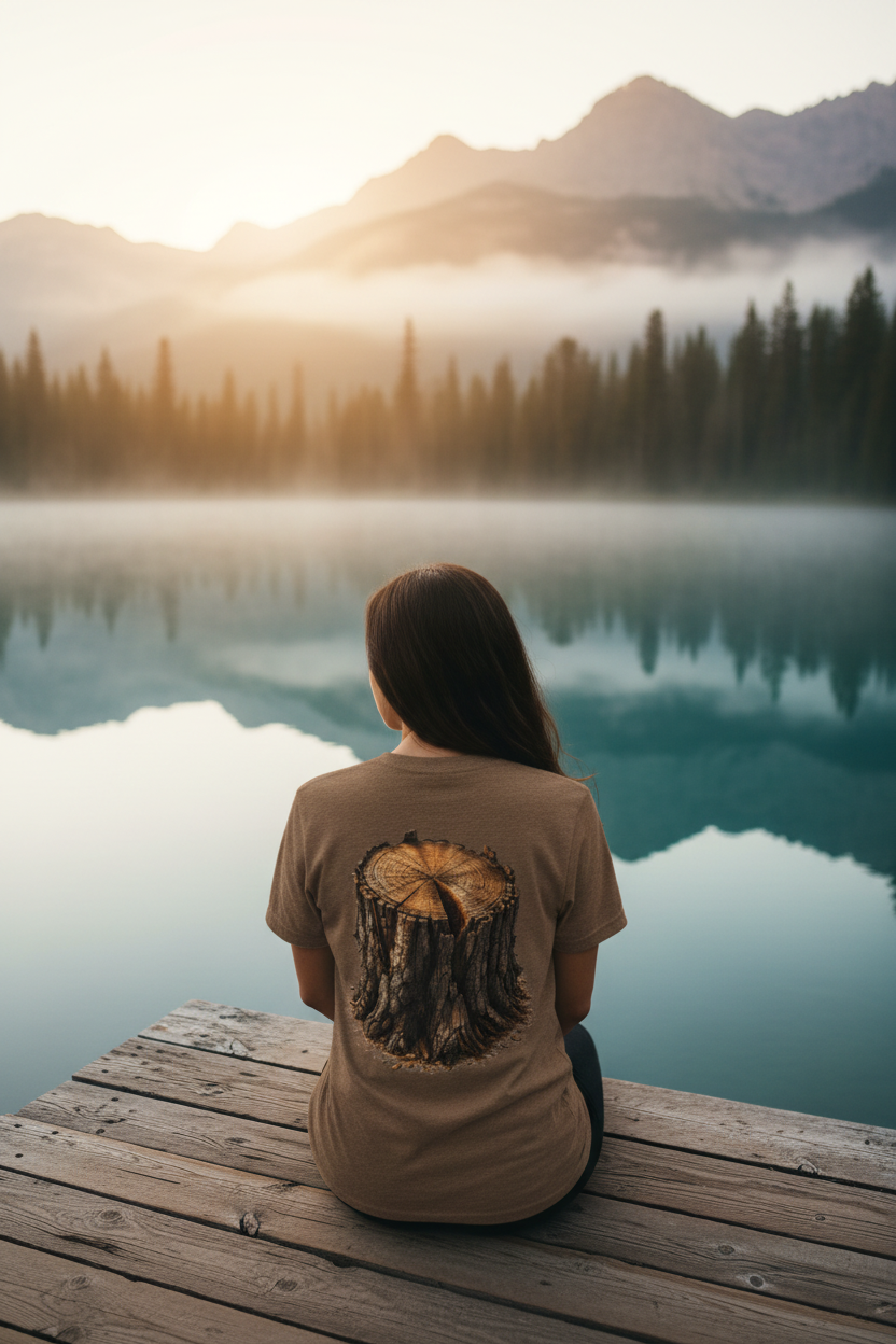 Woman wearing tree stump tee on misty mountain lake dock at sunrise