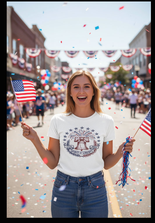 Woman celebrating 4th of July parade wearing Spirit of Liberty 1776 patriotic t-shirt holding American flags with confetti