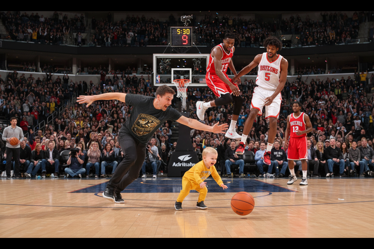 Dad wearing Fatherhood Extreme Sports tee – sprinting onto court to rescue baby mid-game