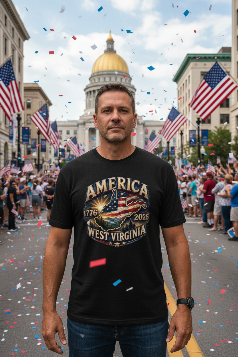 Veteran at 4th of July parade Charleston WV wearing America 1776-2026 West Virginia black patriotic t-shirt