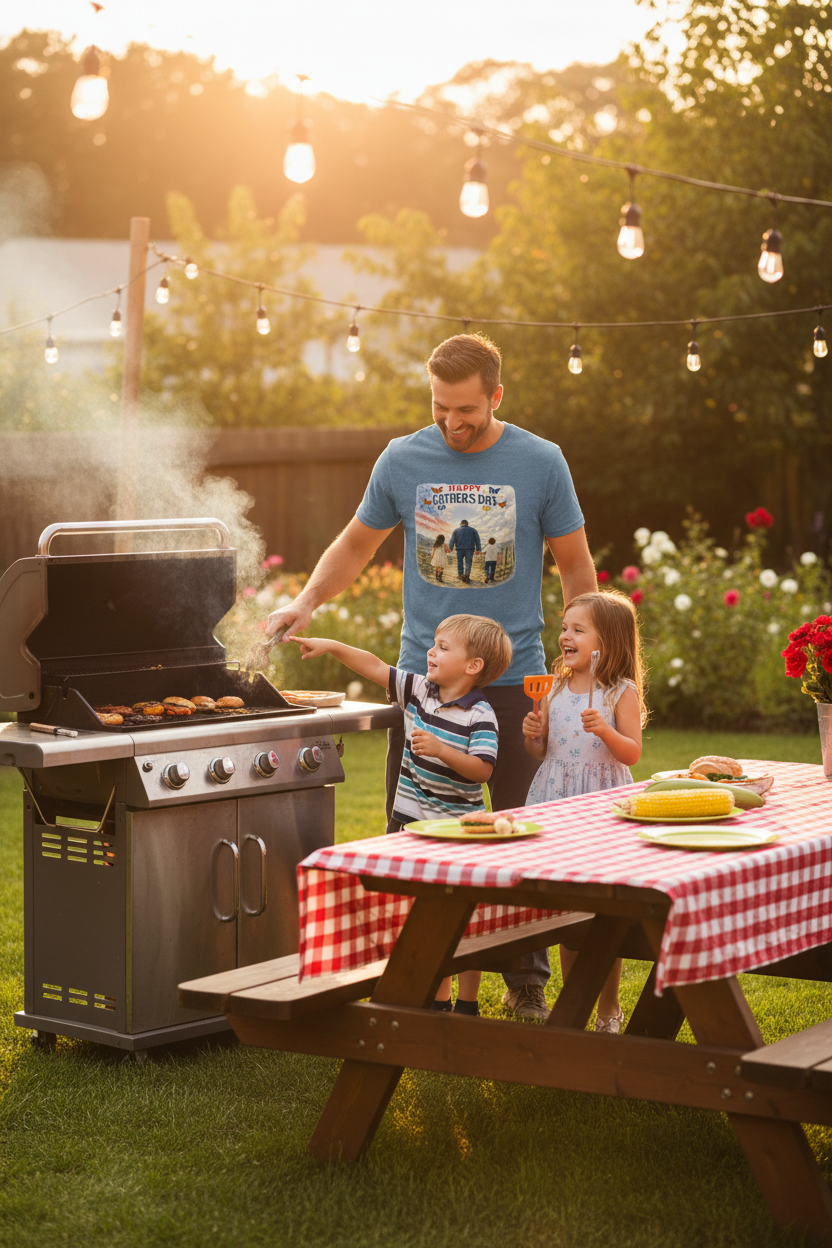 Dad grilling with kids at summer BBQ – lifestyle mockup