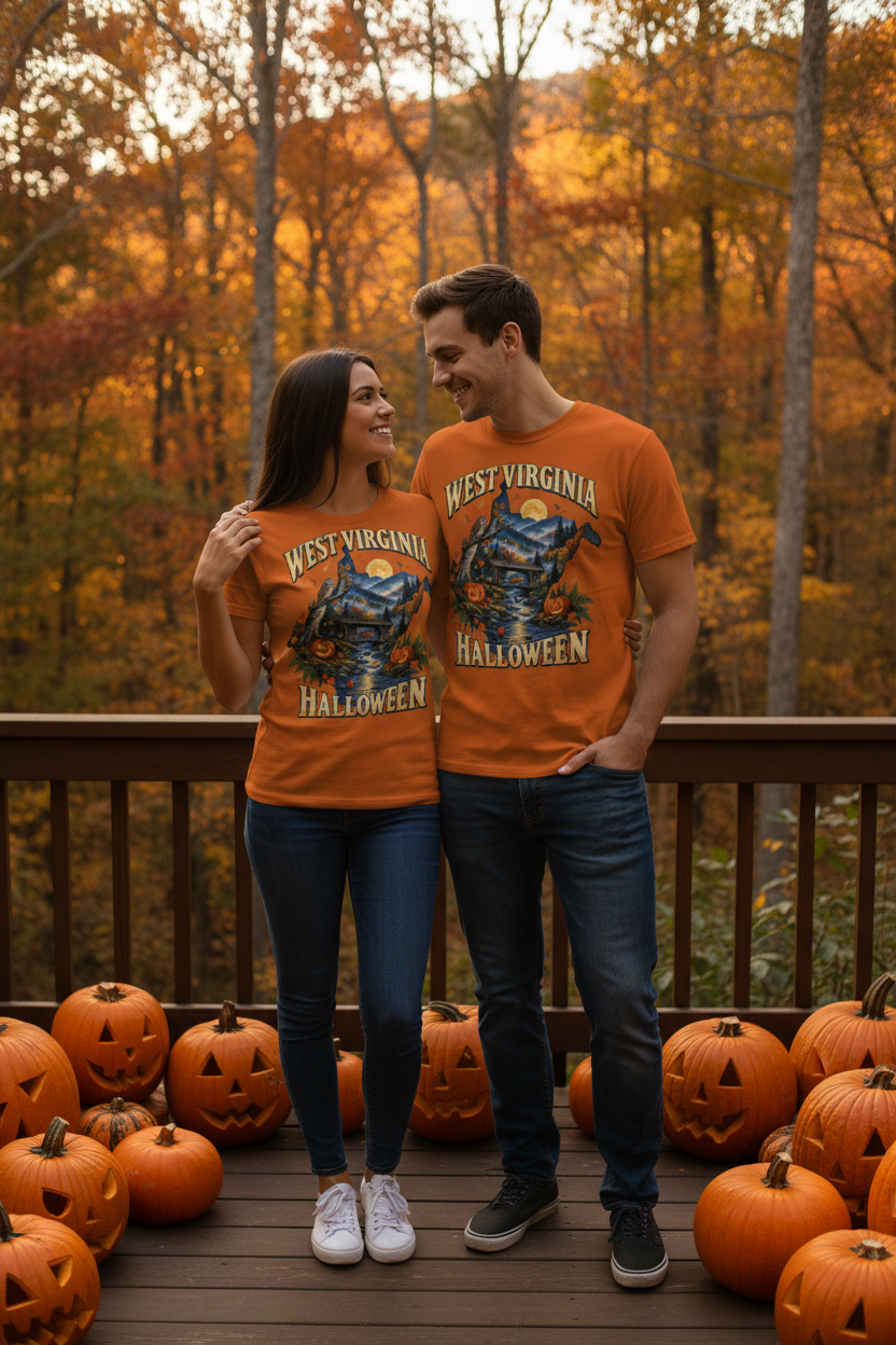 Couple wearing West Virginia Halloween t-shirts in autumn forest setting