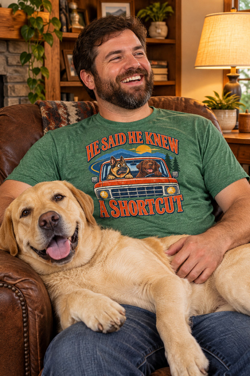 Dad relaxing at home with his Lab on his lap wearing the He Said He Knew A Shortcut tee