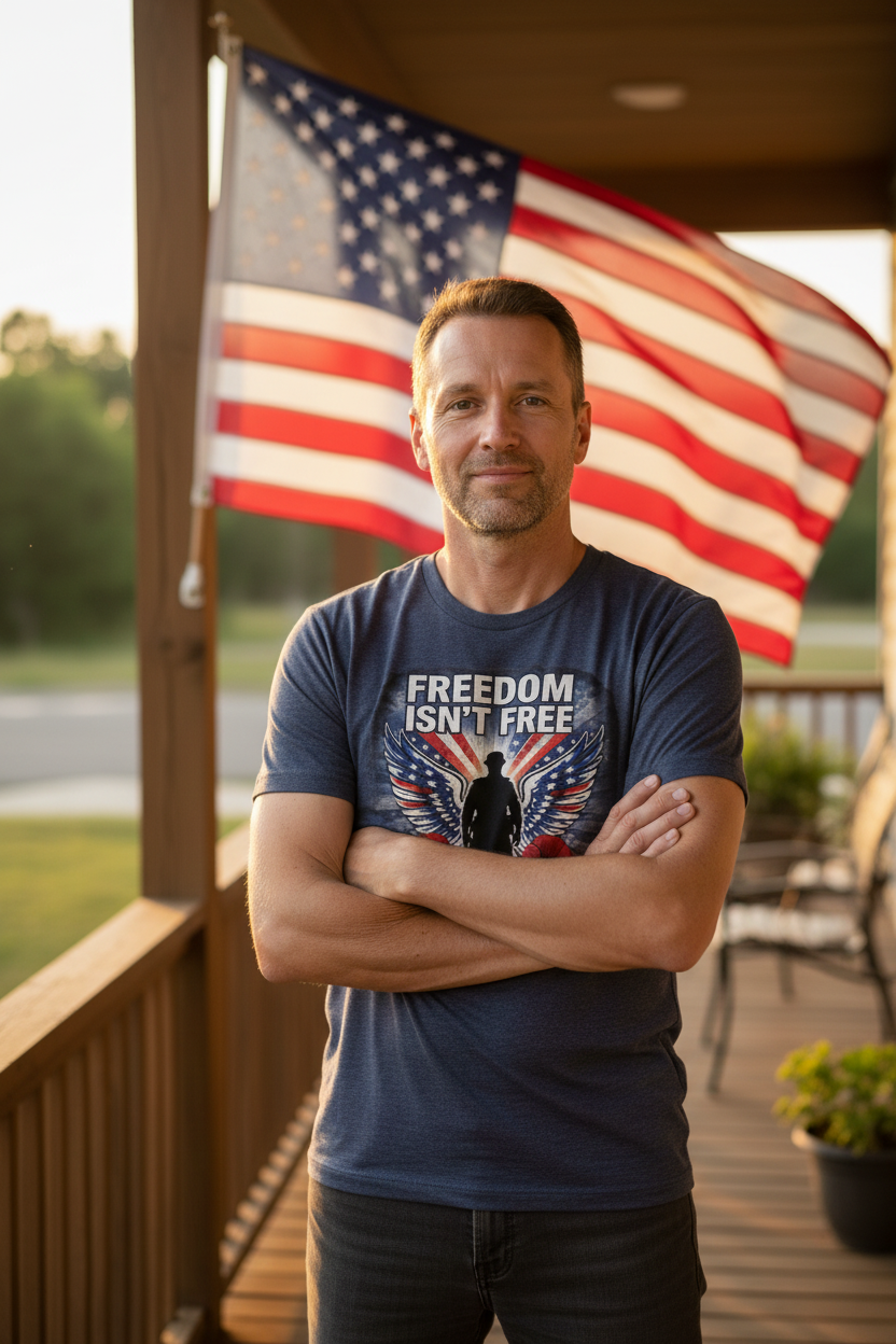 Veteran wearing Freedom Isn't Free patriotic t-shirt on front porch with American flag