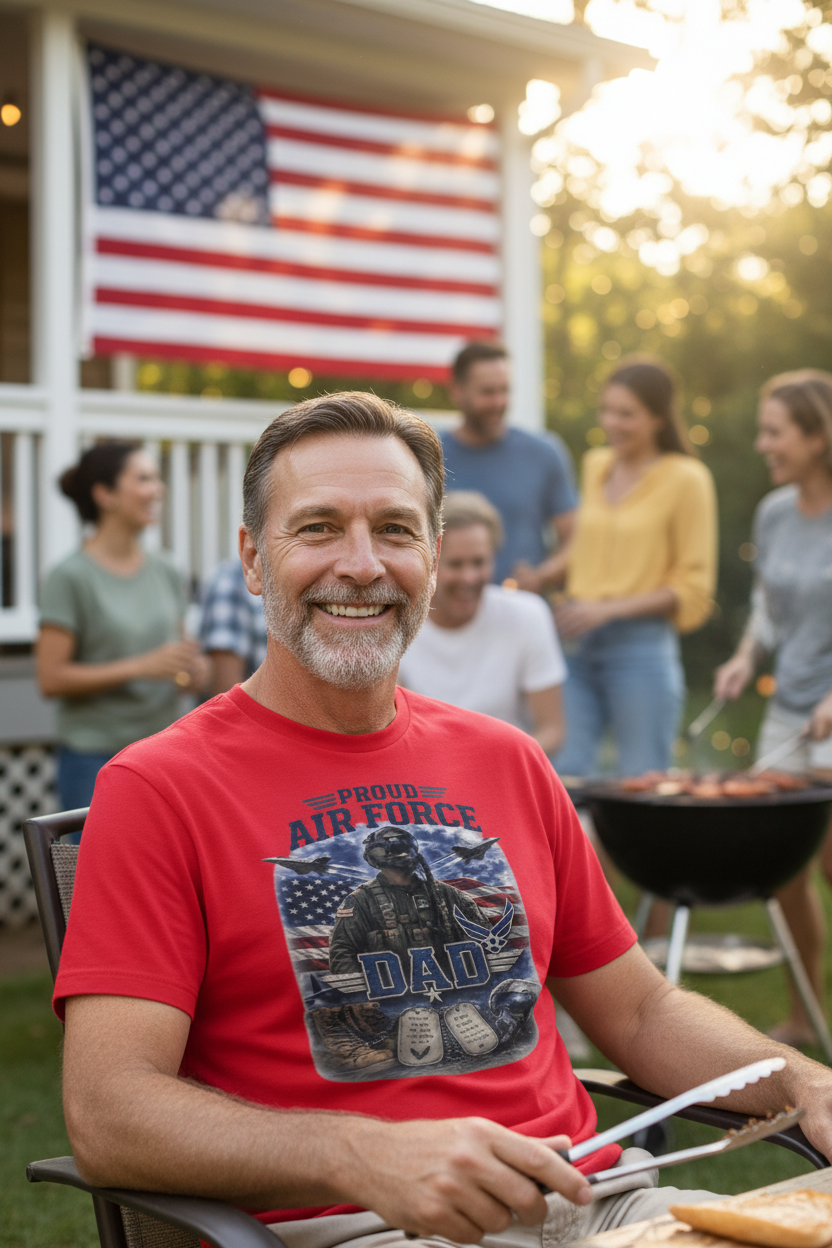 Proud Air Force Dad t-shirt red - dad at backyard BBQ with family