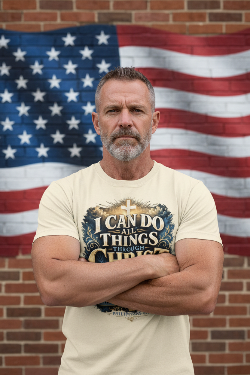 US military veteran wearing I Can Do All Things Through Christ Jesus t-shirt in front of American flag mural