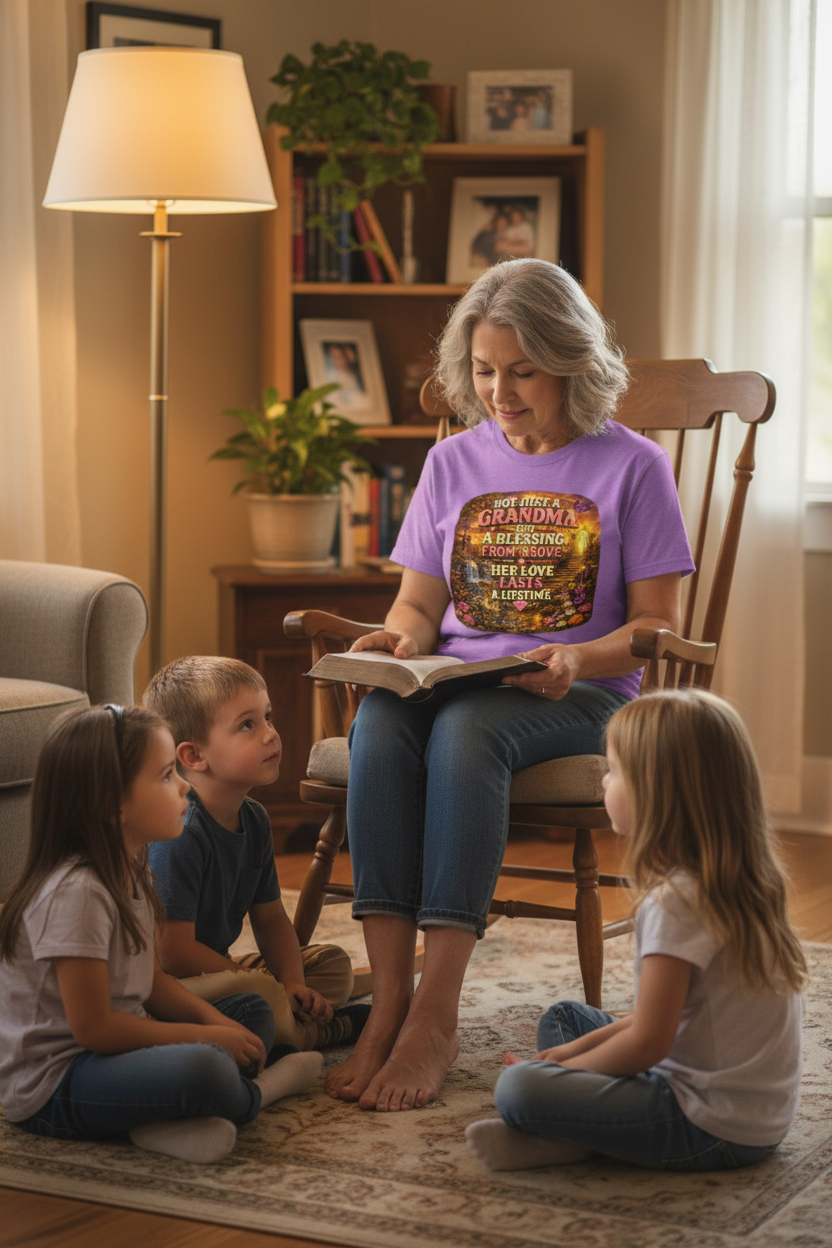 Grandmother wearing heather purple faith grandma t-shirt reading Bible with grandchildren in rocking chair