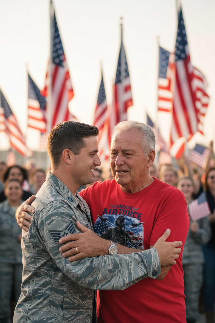 Proud Air Force Dad t-shirt red - grandfather hugging son at homecoming