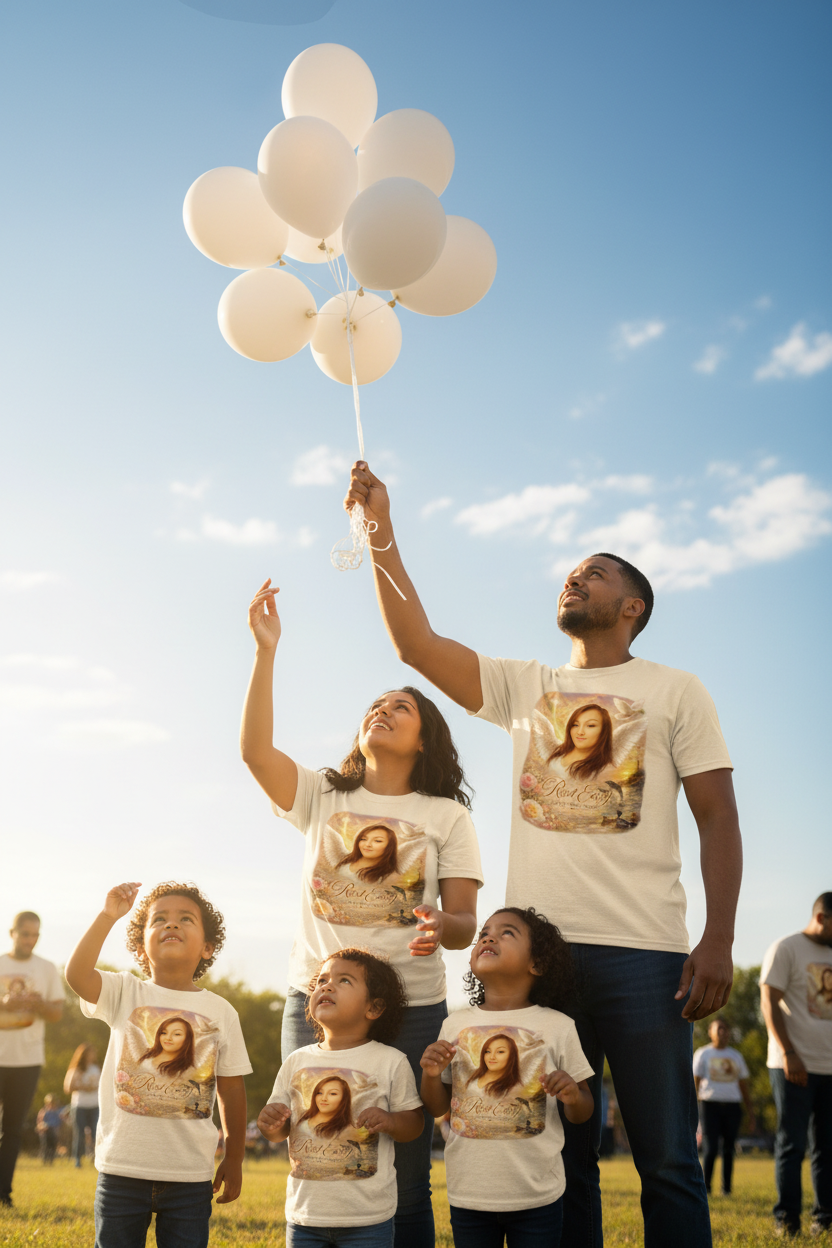 Family wearing Rest Easy memorial t-shirts releasing white balloons at memorial gathering