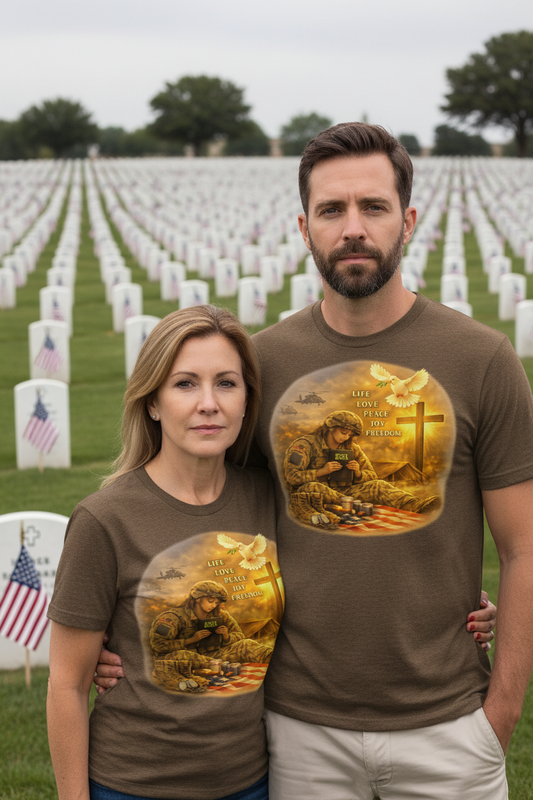 Couple at military cemetery on Memorial Day wearing Life Love Peace Joy Freedom veteran t-shirt lifestyle mockup