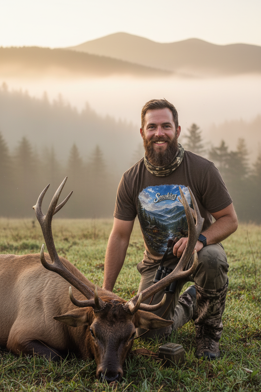 Bearded hunter wearing Smokies brown tee kneeling beside trophy elk in misty mountain meadow