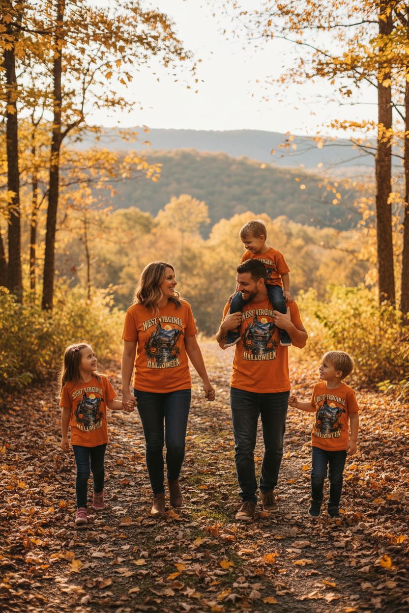 Family wearing West Virginia Halloween t-shirts in autumn Appalachian setting