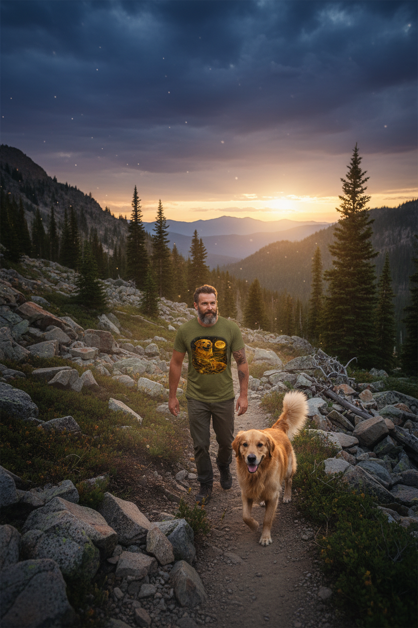 Man hiking mountain trail with golden retriever wearing golden retriever graphic t-shirt