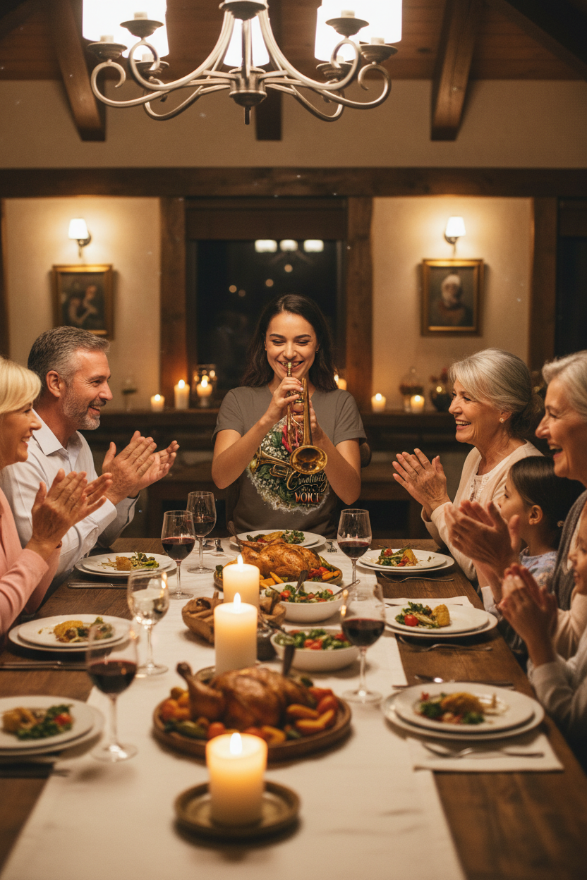 Woman blowing trumpet at family dinner table wearing Creativity Has A Voice graphic tee