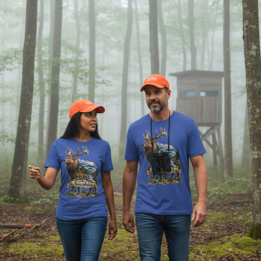 Man and woman wearing blue Great Smoky Mountains elk T-shirts during a woodland hunting outing