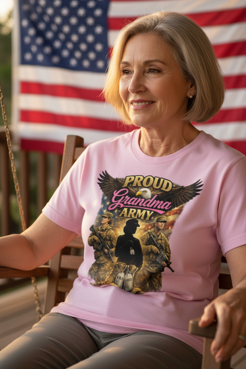 Proud grandma wearing Army t-shirt on porch swing with American flag