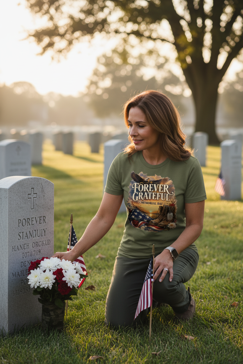 Woman wearing Forever Grateful Memorial Day t-shirt kneeling at grave with flowers