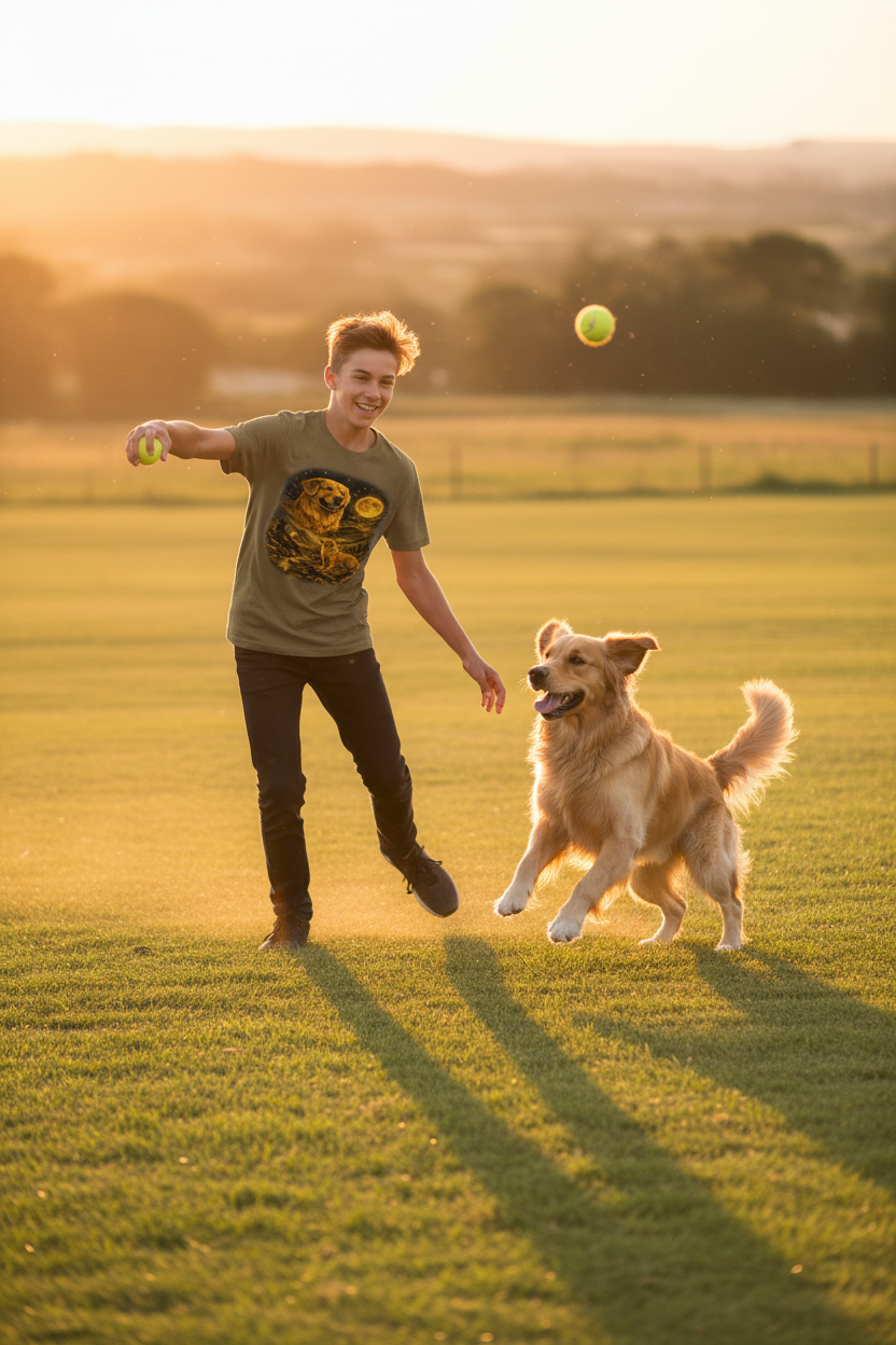 Boy playing fetch with golden retriever wearing golden retriever graphic tee